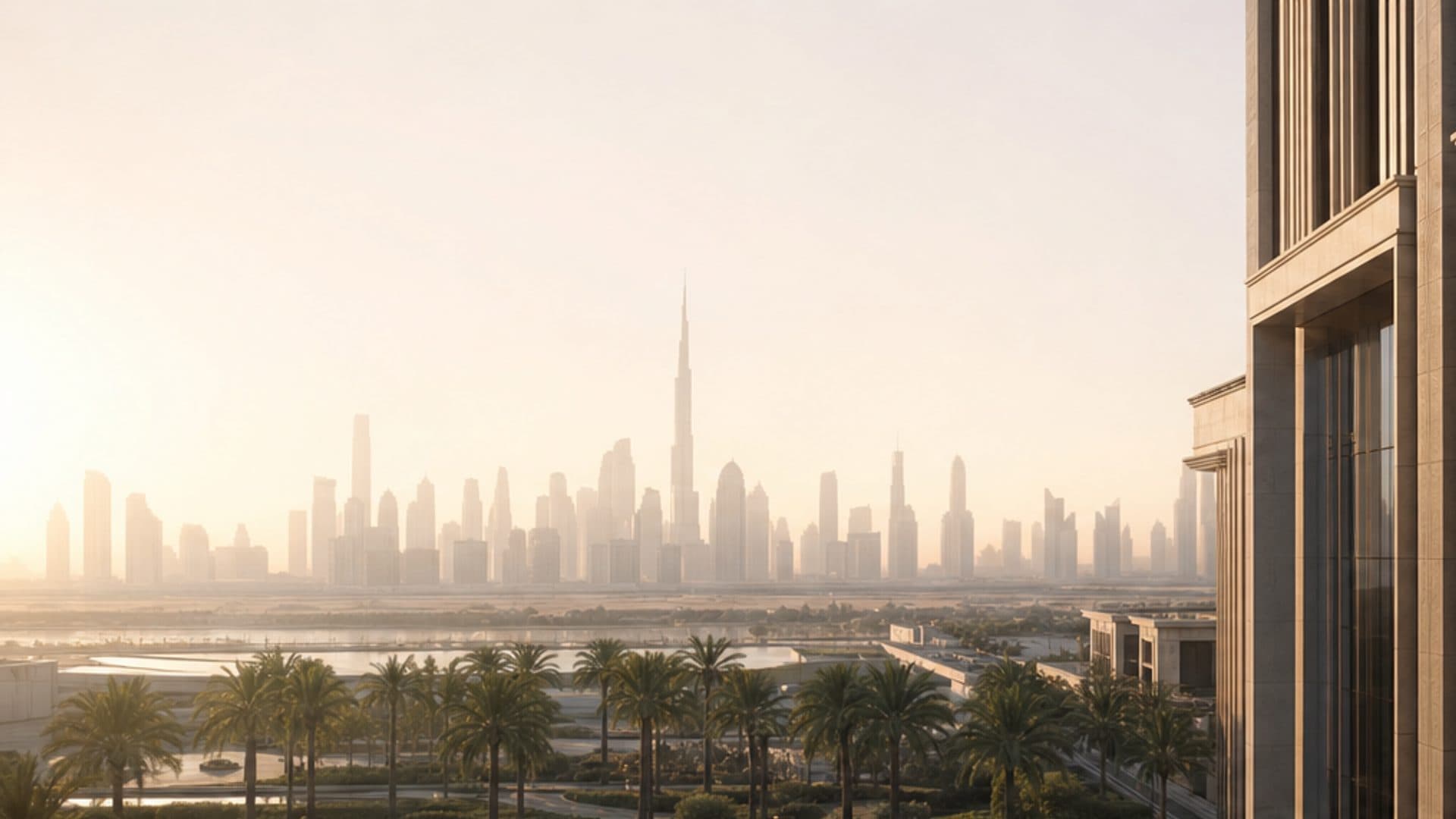 Office tower facade overlooking the Dubai skyline at sunrise