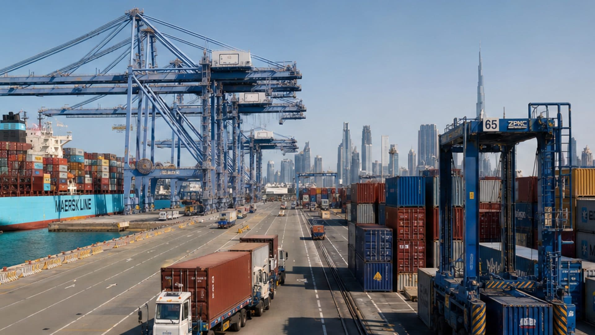 Container terminal and shipping vessel at the Port of Dubai