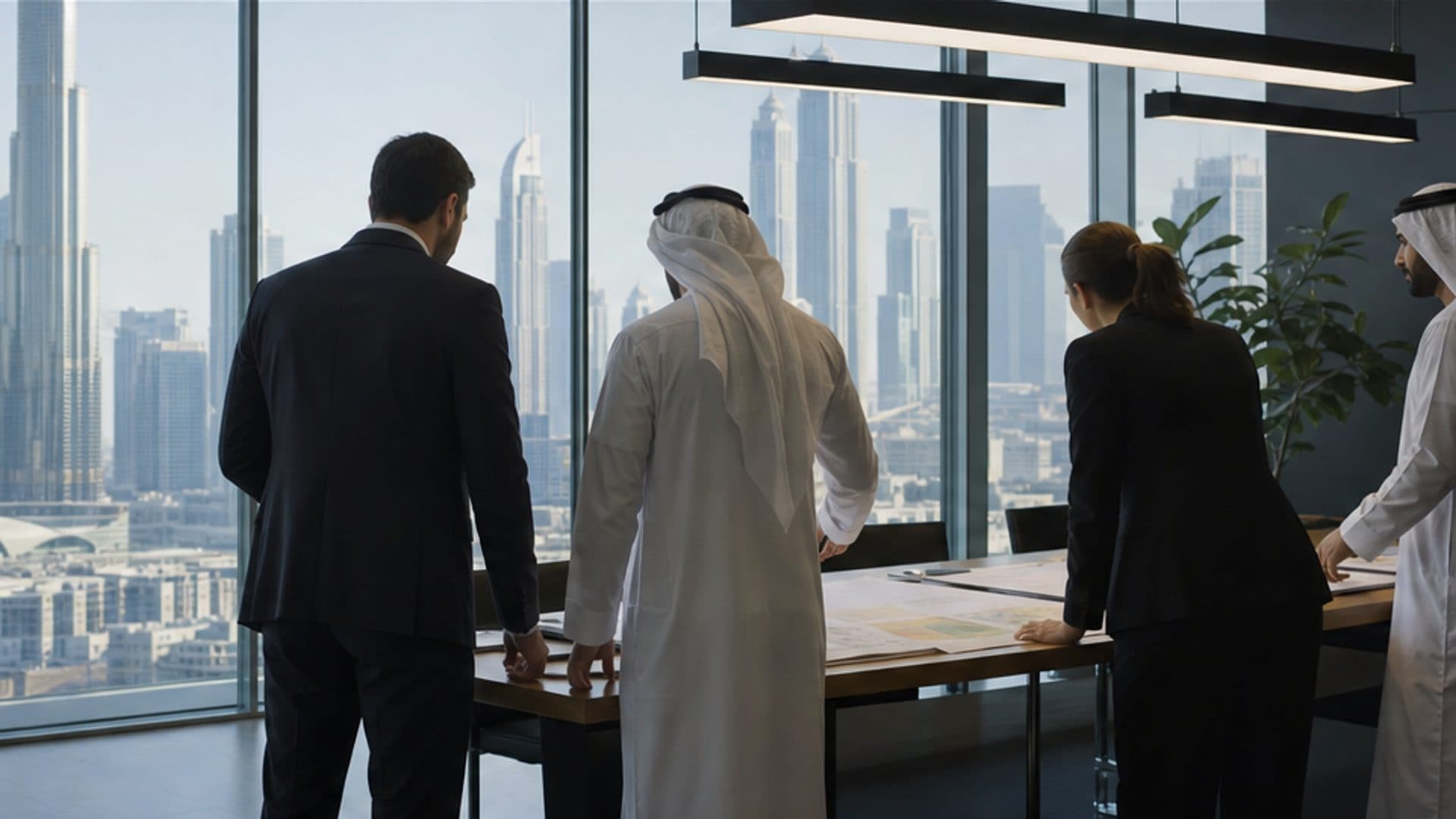 Colleagues reviewing plans overlooking the Burj Khalifa