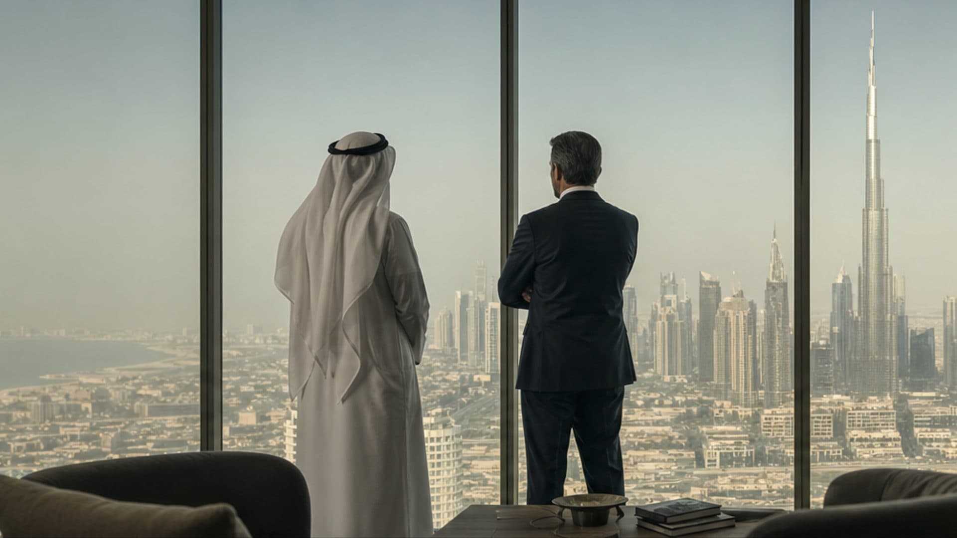 Two executives viewing the Dubai skyline from an office window
